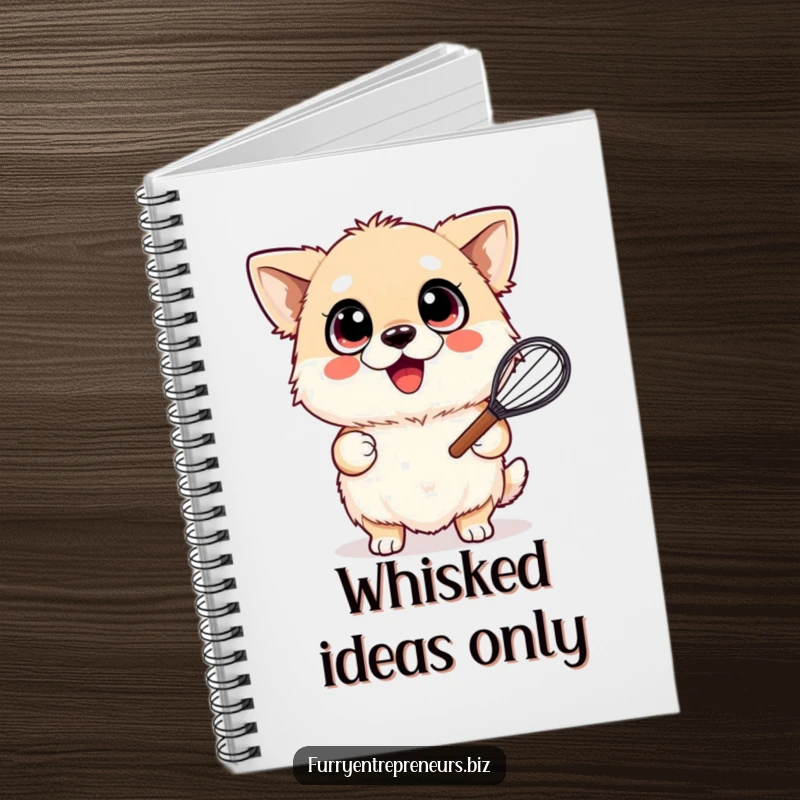 Funny notebook cover featuring a fluffy dog with wide, joyful eyes, happily holding a whisk, perfect for note-taking.