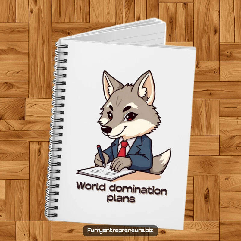 Funny wolf in a miniature business suit, diligently signing a document, presented on a notebook cover for capturing ideas.