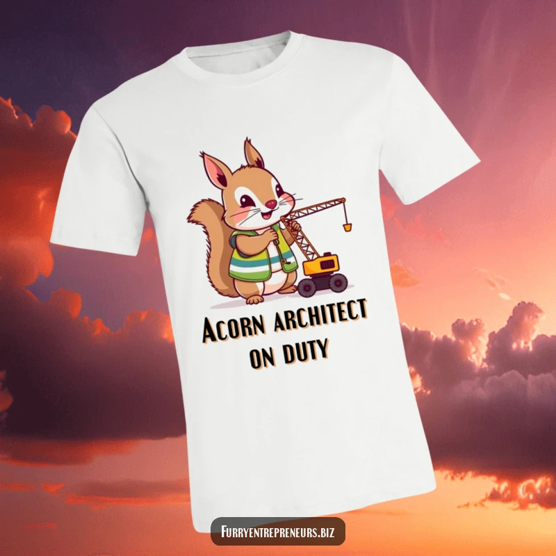 Funny Squirrel Crane Operator T-Shirt: A hilarious squirrel in a safety vest operating a small crane, symbolizing hard work and a funny, industrious spirit.