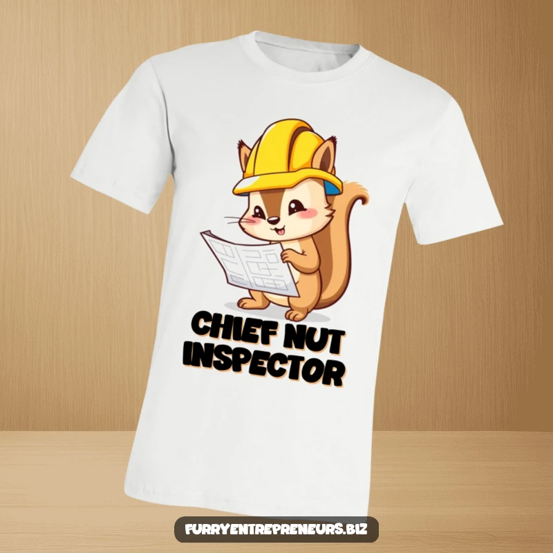 Funny squirrel construction worker in a hard hat meticulously inspecting a blueprint, ideal for engineering humor.