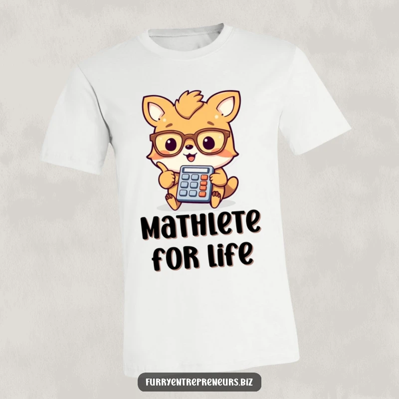 Funny animal accountant t-shirt, a cheerful creature with glasses joyfully points at a small calculator, great for math enthusiasts.