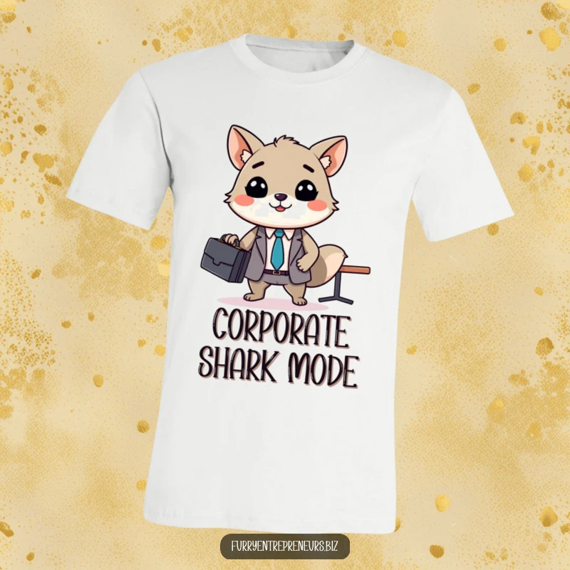 Funny animal business meeting t-shirt, a smiling creature in a suit confidently leads a tiny conference with a briefcase, ideal for office humor.