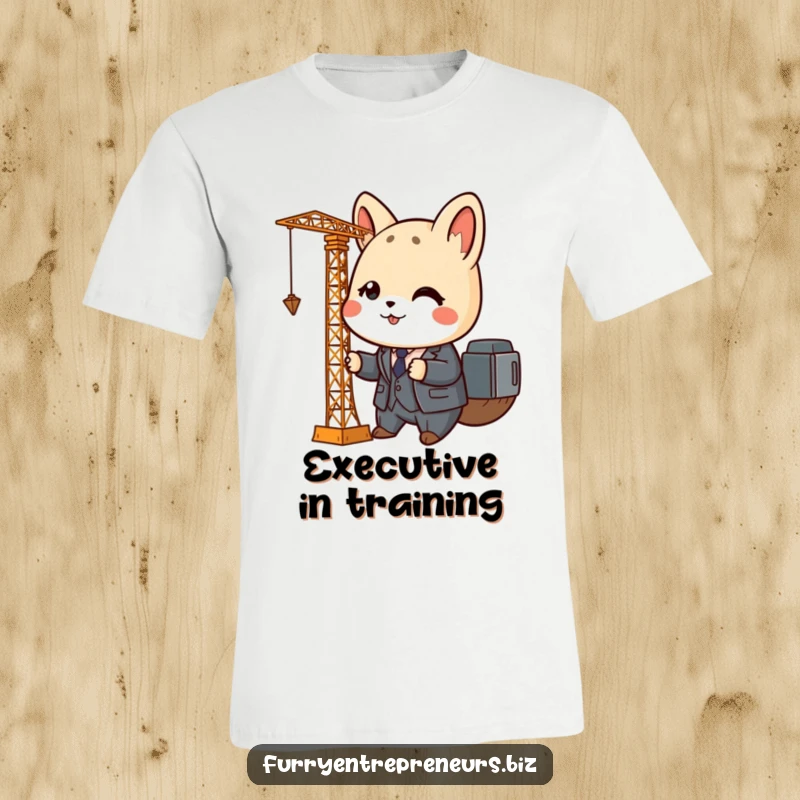 Funny animal t-shirt depicting a cute creature in a miniature business suit diligently operating a tiny crane with professional flair.