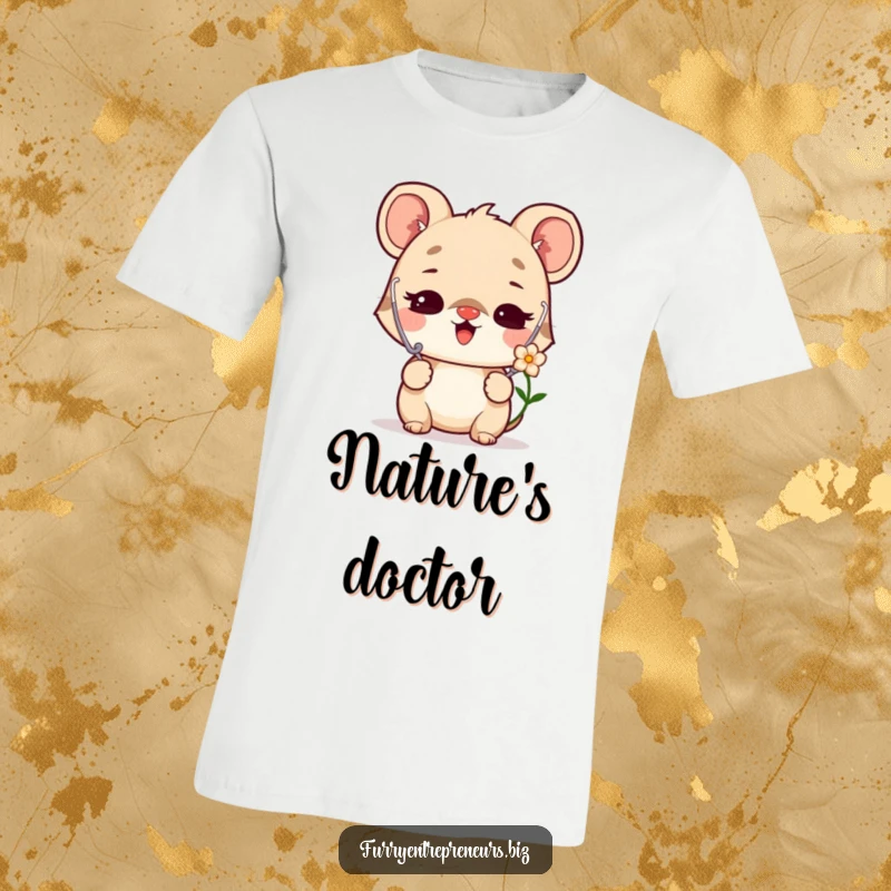 Funny t-shirt with a delighted animal character, dressed as a vet, using a stethoscope to listen to a flower.