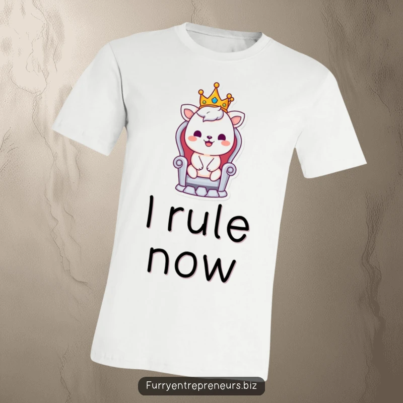 Funny t-shirt with a smiling animal character wearing a small crown, seated on a tiny throne, looking regal.