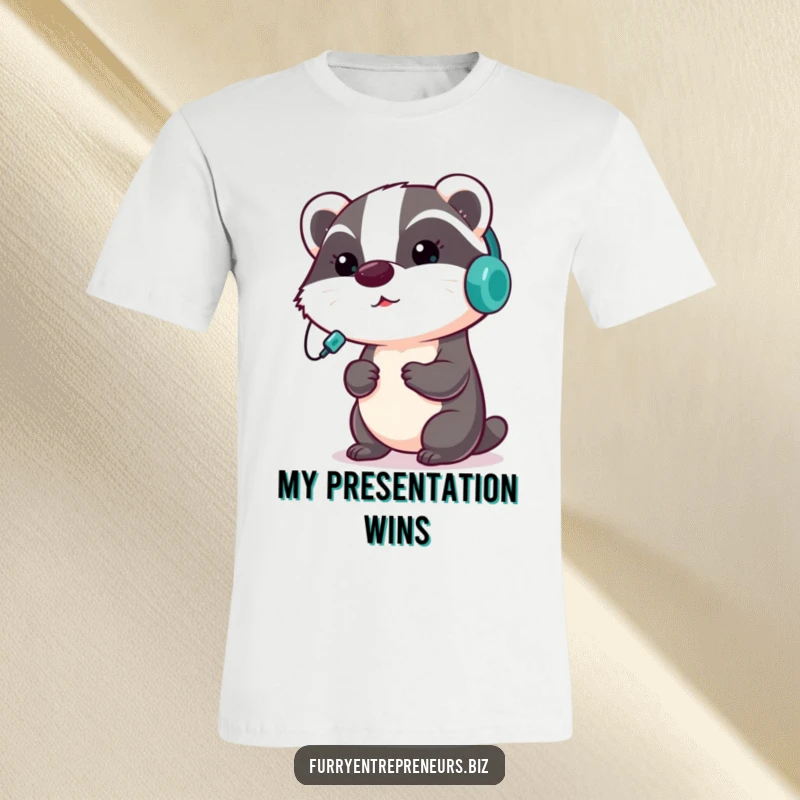 Funny badger t-shirt featuring a focused badger in a headset, giving a presentation with determination and focus, a humorous design.