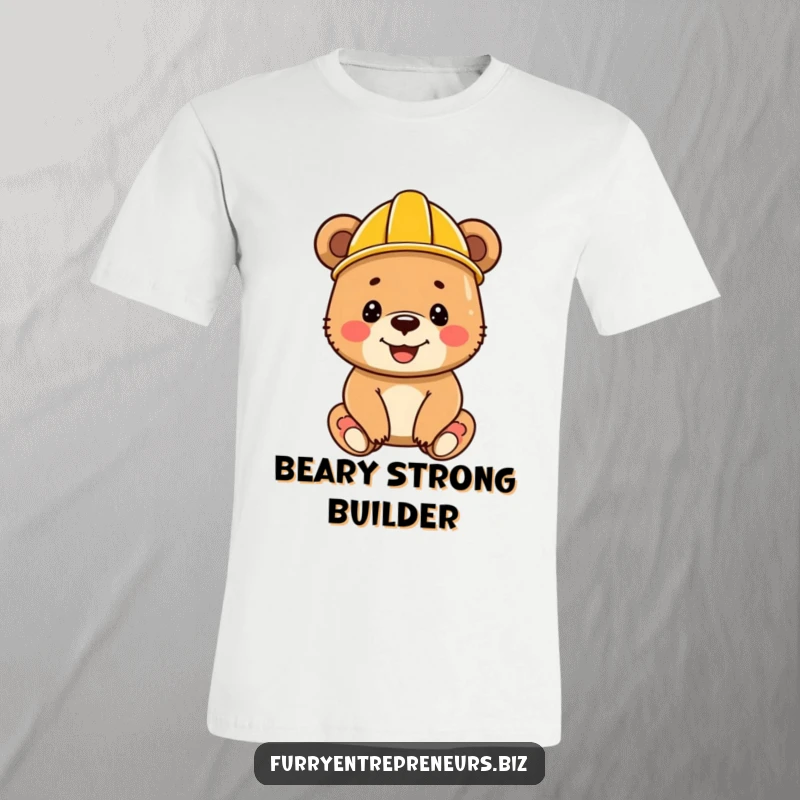 Funny bear cub wearing a small construction helmet, with a big happy grin, ready for hard work on a t-shirt.