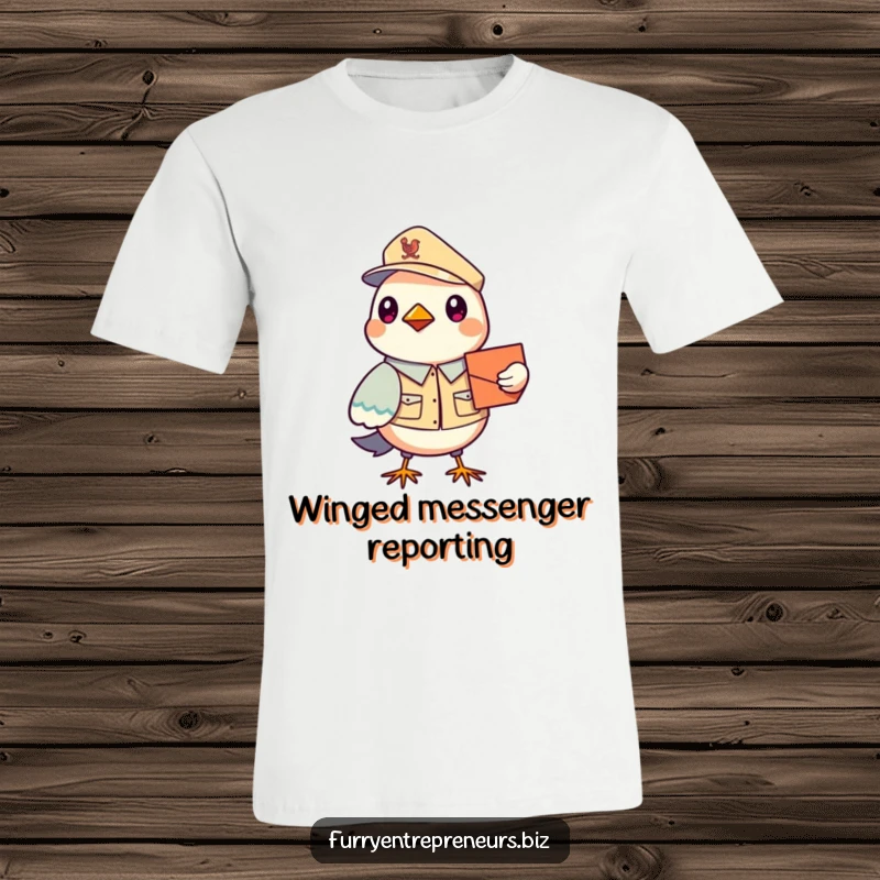 Funny Bird Mail Carrier T-Shirt: A small, uniformed bird in mid-flight delivering letters, embodying cheerful postal service with a humorous touch.