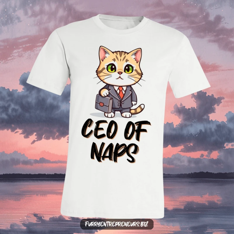 Funny cat wearing a miniature business suit and carrying a briefcase, embodying corporate ambition with humor.