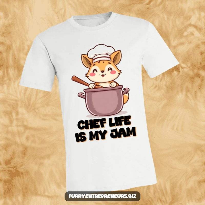 Funny chef animal t-shirt featuring a joyful character in a chef hat, merrily stirring a massive pot of food.