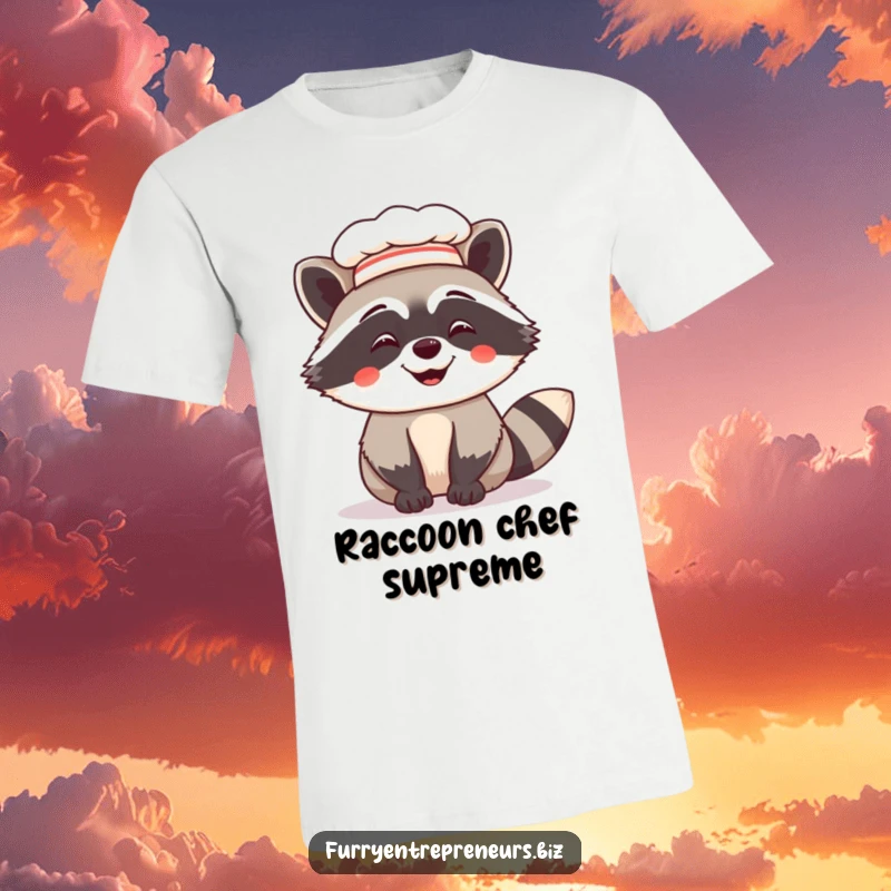 Funny t-shirt print of a giggling raccoon in a tiny chef hat, exuding playful culinary humor and charm, an ideal funny gift.