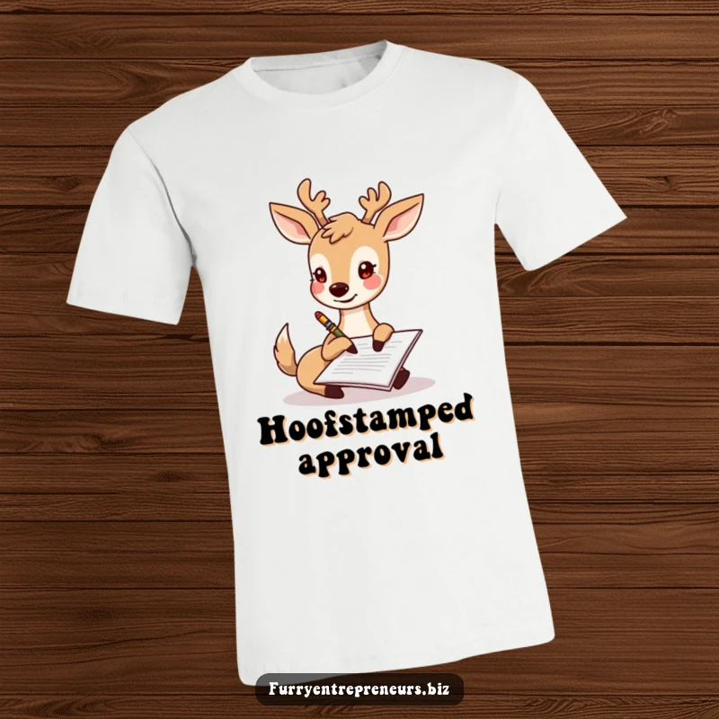Funny cartoon deer happily signing a document with its hoof, radiating joy and accomplishment.