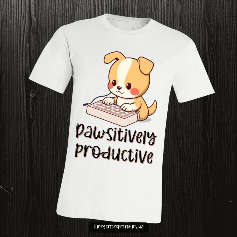 Funny t-shirt featuring an adorable dog character focused on typing on a miniature keyboard, symbolizing hard work and canine charm.