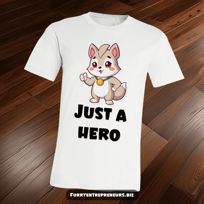 Funny t-shirt with a proud animal character striking a heroic pose, wearing a tiny medal, looking victorious and happy.