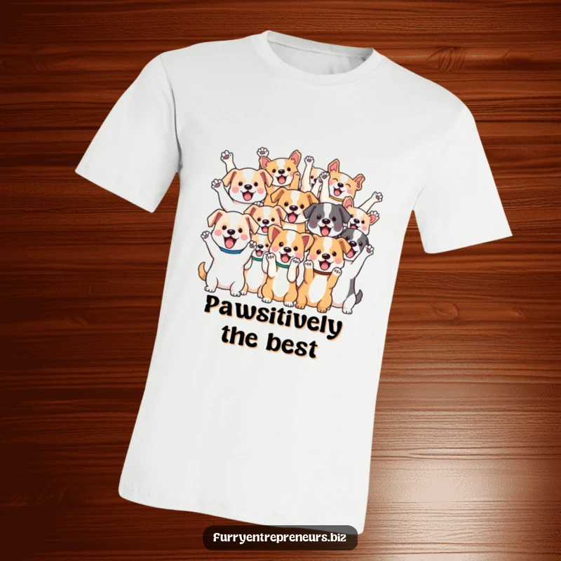 Funny t-shirt graphic: a group of diverse kawaii dogs enthusiastically cheering with their paws up in the air.