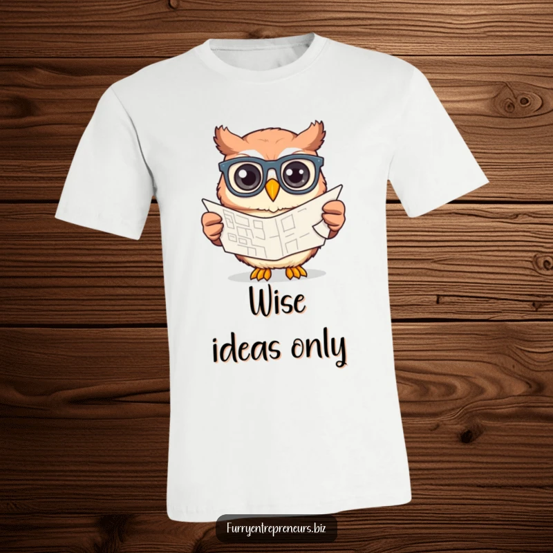 Funny owl wearing spectacles, meticulously drawing a blueprint with a pencil, embodying creativity and engineering on a t-shirt.