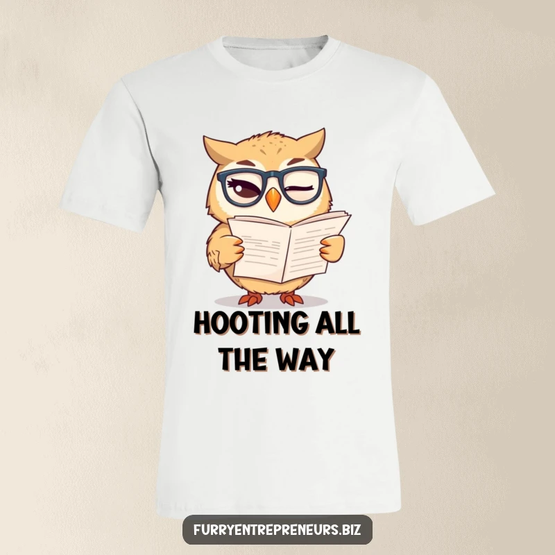Funny t-shirt featuring a winking owl wearing glasses, deeply engrossed in a financial report, exuding intelligence and humor.