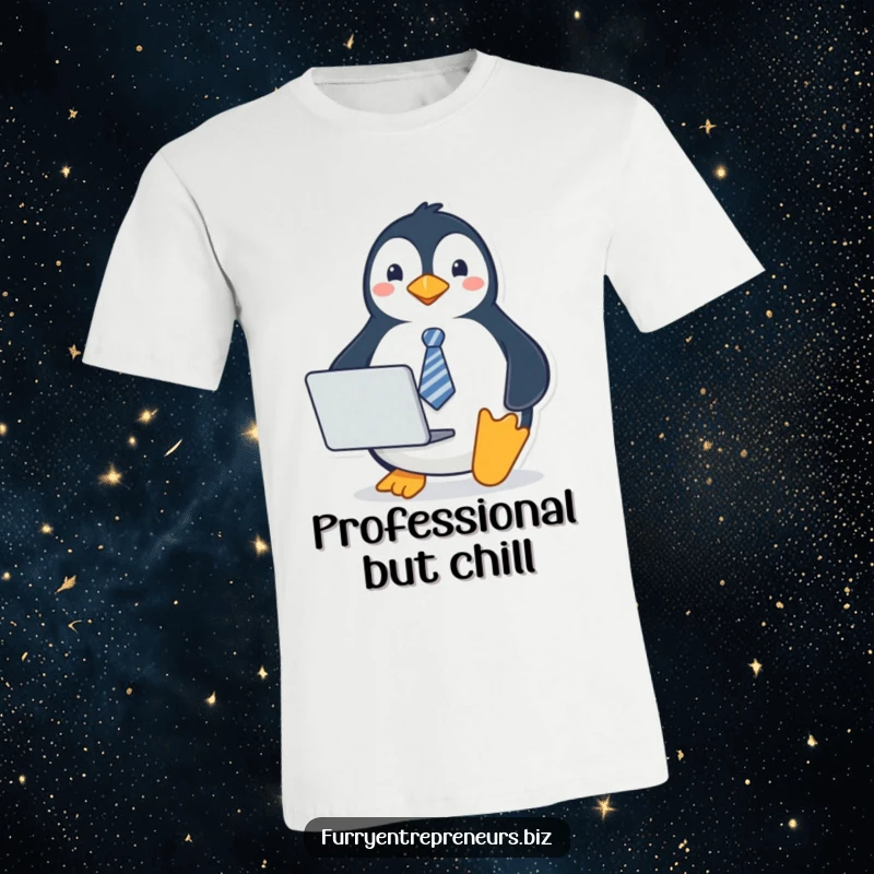 Funny penguin t-shirt featuring a playful penguin wearing a tie and holding a laptop, exuding professionalism with a humorous twist.