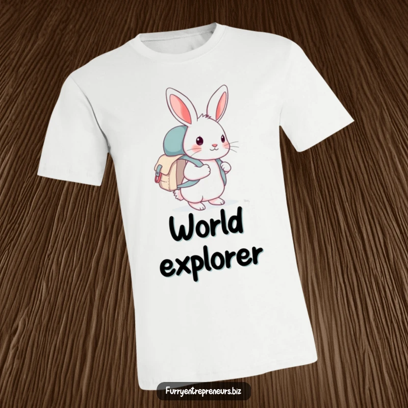 Funny curious rabbit wearing a tiny backpack exploring the world, a whimsical graphic t-shirt, perfect for adventurers and gift ideas.