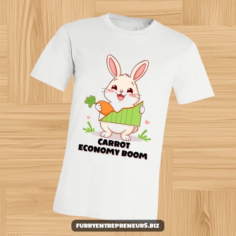 A funny rabbit character enthusiastically presenting a rising graph with a carrot, symbolizing success and positive growth.