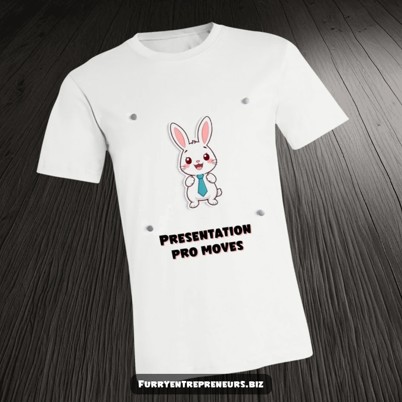 Funny t-shirt featuring a happy rabbit in a small tie, confidently presenting on a whiteboard, exuding professional charm.