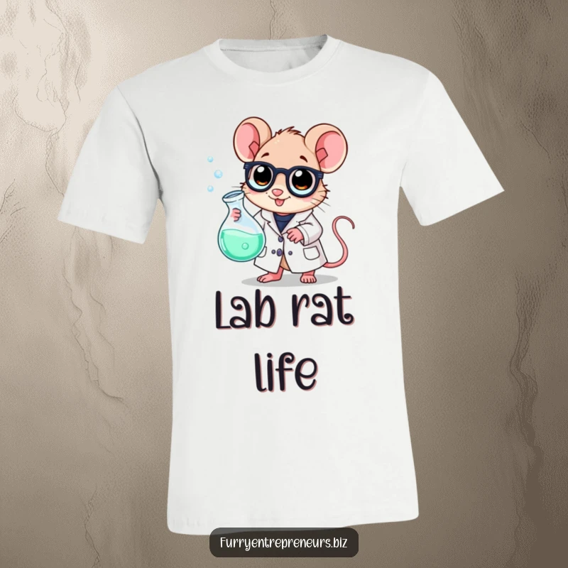 Funny scientist mouse t-shirt, in a lab coat, holding a bubbling beaker, ready to mix up some scientific fun.