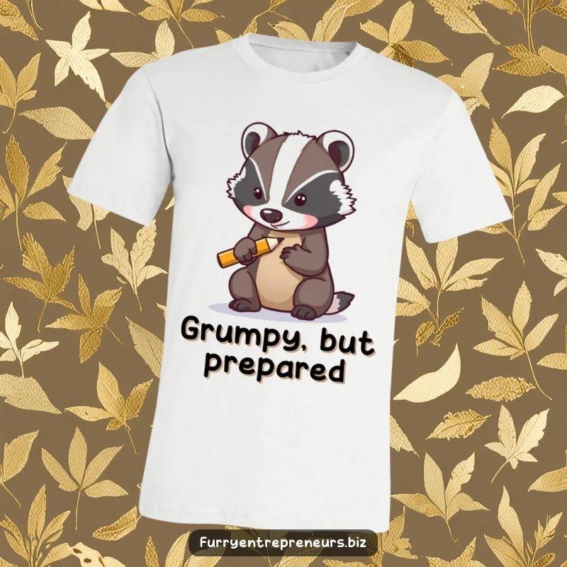 Funny t-shirt showcasing a determined badger character sharpening a tiny pencil, embodying focus and preparation with humorous grit.