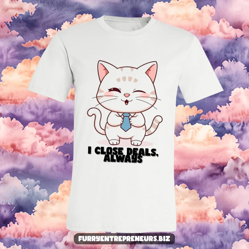 Funny cat in a tie winking and shaking hands, printed on a stylish t-shirt, embodying professional charm, a funny gift.