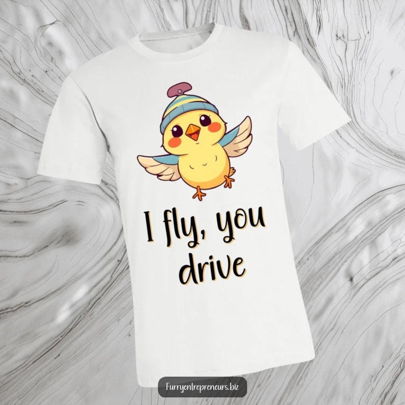 Funny bird with a propeller beanie, flying with enthusiasm, printed on a comfortable t-shirt, a humorous and uplifting funny gift.