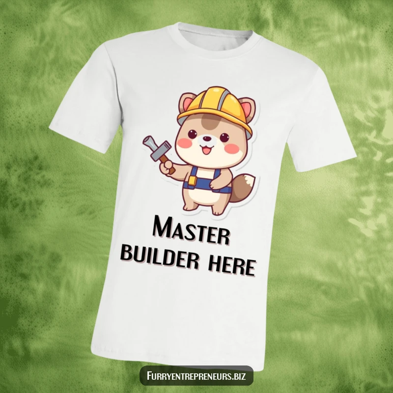 Funny Construction Animal T-Shirt: A happy animal wearing a construction helmet and holding a tool, ready for a project, offering a funny gift.
