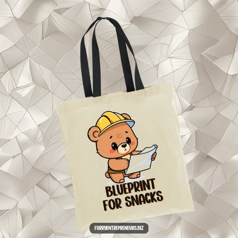Funny bear in a hard hat examining a blueprint, a humorous and practical tote bag for work or shopping.