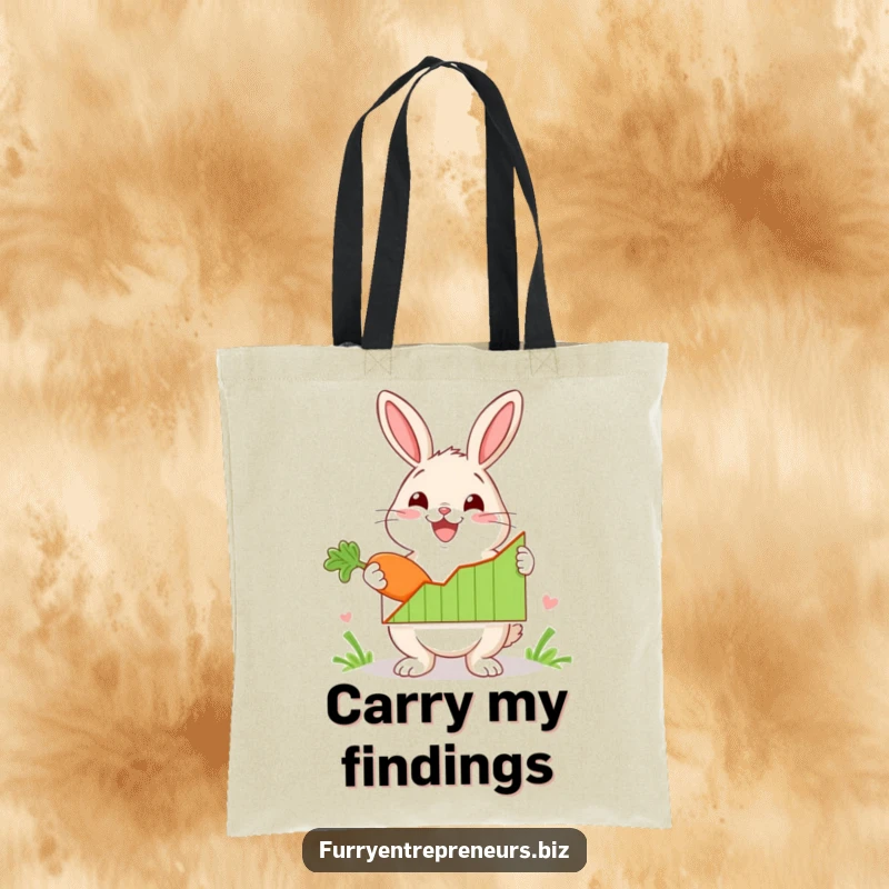 Funny rabbit character enthusiastically presenting a graph with a carrot on a tote bag, ideal for carrying essentials with success-themed humor.