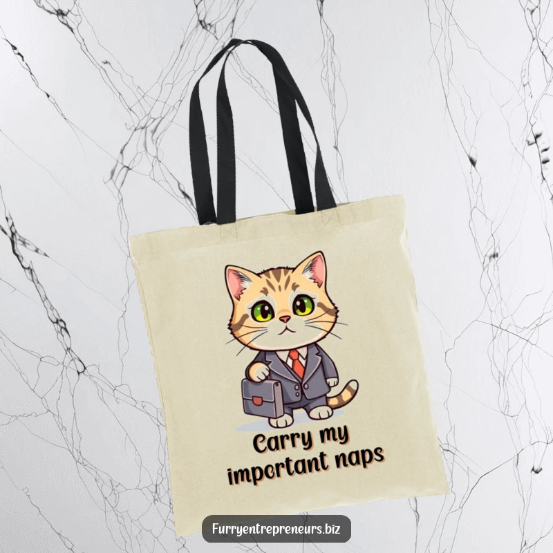 Funny business cat tote bag, dapper in a suit, smartly carrying a briefcase for professional errands.