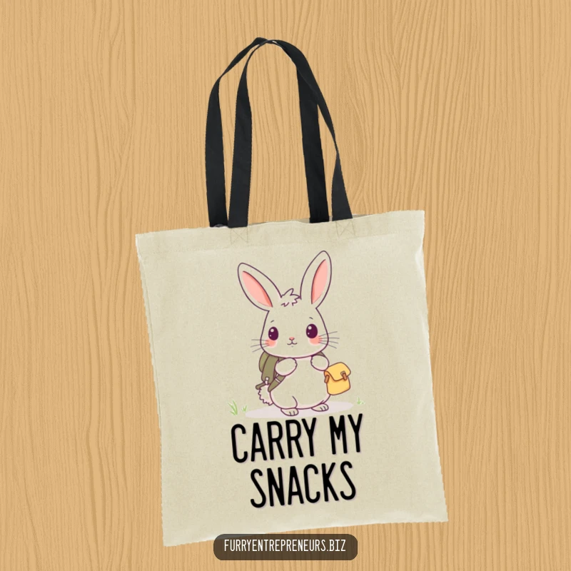 Funny rabbit explorer tote bag showing a curious rabbit with a tiny backpack, perfect for carrying adventure gear.