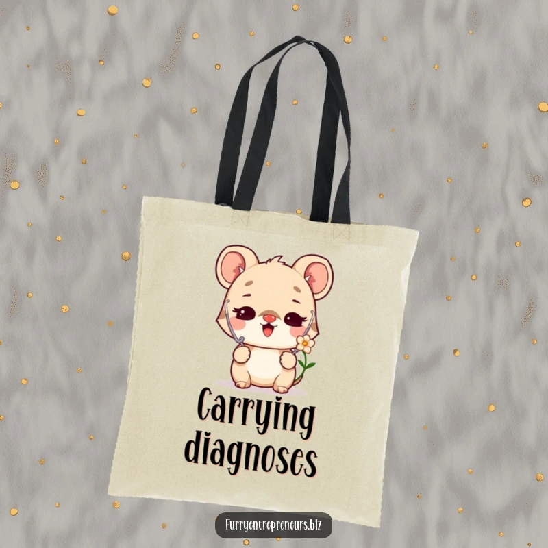 Funny tote bag with a delighted animal character, acting as a vet, listening to a flower with a stethoscope.