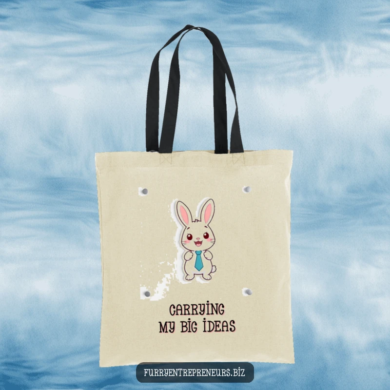 Funny tote bag featuring a happy rabbit wearing a tiny tie, presenting on a whiteboard, ideal for carrying essentials.