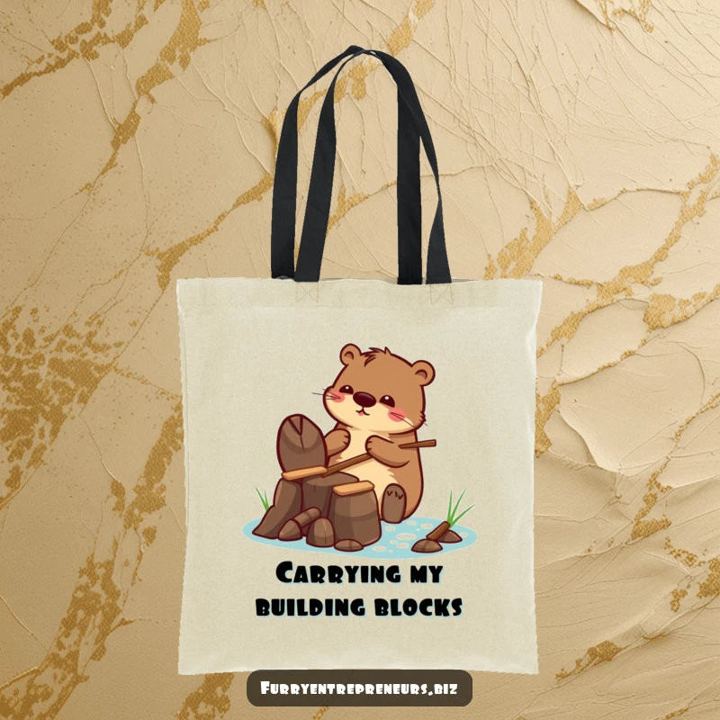 Funny tote bag featuring a beaver character building a tiny dam with tiny sticks, perfect for carrying essentials with a humorous, industrious vibe.