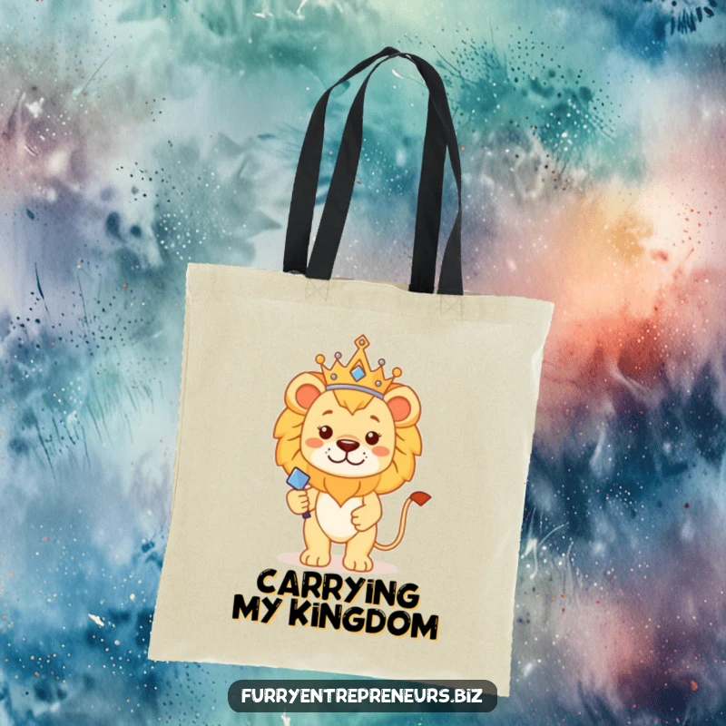 Funny lion king tote bag depicting a proud lion in a tiny crown and holding a scepter, a majestic and humorous accessory.