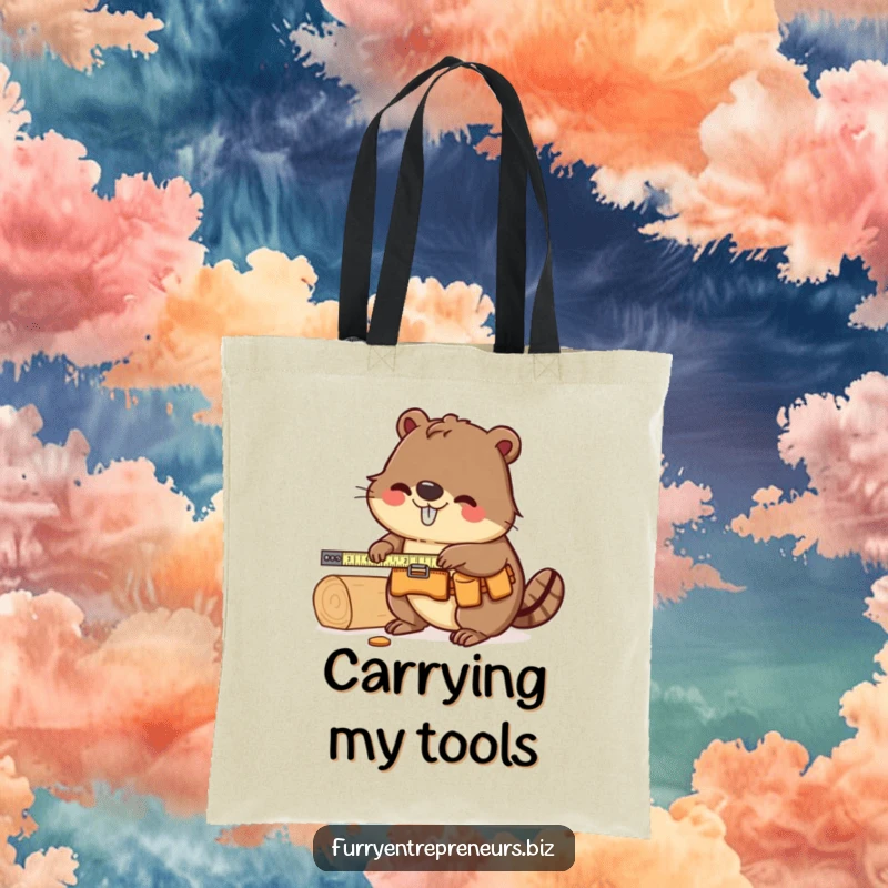 Funny Beaver Carpenter Tote Bag: A beaver in a tool belt measures wood, perfect for carrying tools or supplies with a touch of carpentry humor.