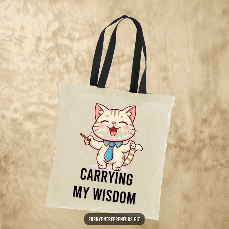 Funny tote bag with a joyful cat character wearing a necktie and using a pointer stick, ready for any lesson.