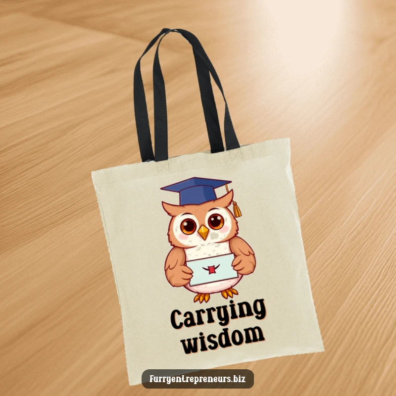 Happy owl in a graduation cap holding a diploma on a durable tote bag, conveying academic achievement and humor.