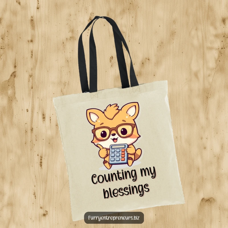 Funny animal accountant tote bag, a cheerful creature with glasses points at a tiny calculator, perfect for stylish and humorous organization.