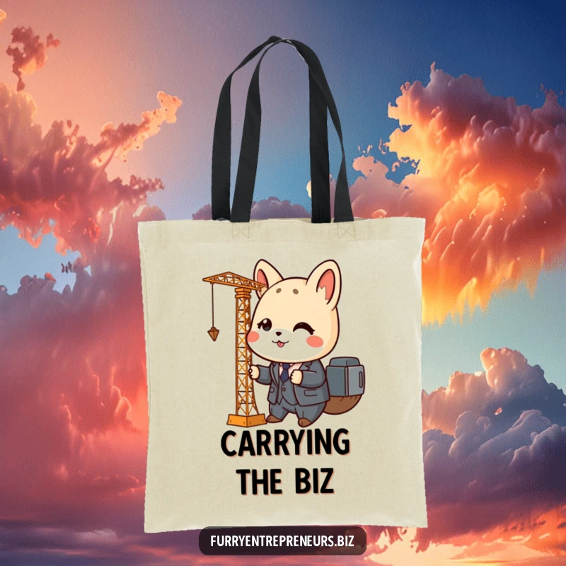 Funny animal tote bag with a cute character in a tiny business suit operating a miniature crane, ideal for work or errands.