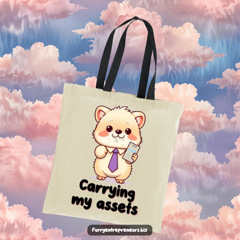 Funny animal tote bag with a fluffy creature in a tie, enthusiastically presenting a miniature stock chart, ideal for work or errands.