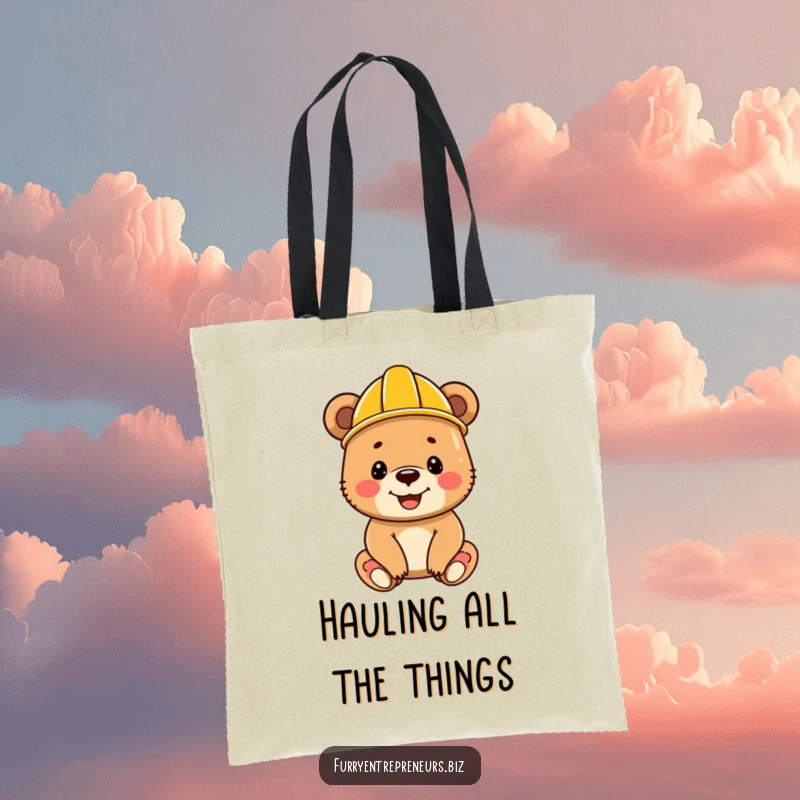 Funny bear cub in a construction helmet, smiling happily, depicted on a tote bag for carrying tools or toys.