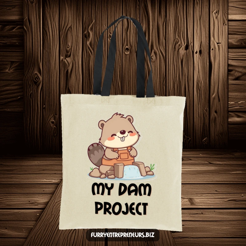 Funny beaver character building a dam on a tote bag, tool carrier, construction humor, durable and amusing, perfect funny gift.