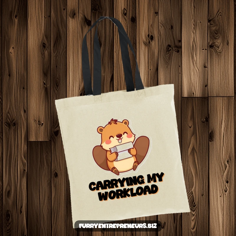 Funny tote bag showing a beaver balancing a pile of papers, ideal for carrying essentials with office-themed humor and charm.