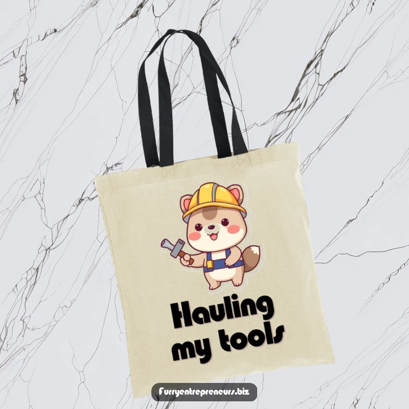 Funny Construction Animal Tote Bag: A happy animal in a construction helmet with a tool, ready for tasks, making it a handy and funny gift.