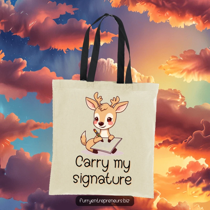 Funny deer character joyfully signing a document with its hoof, a humorous and practical tote bag.