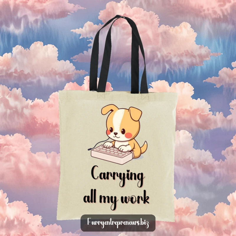 Funny tote bag featuring an adorable dog character typing on a miniature keyboard, perfect for carrying daily necessities.